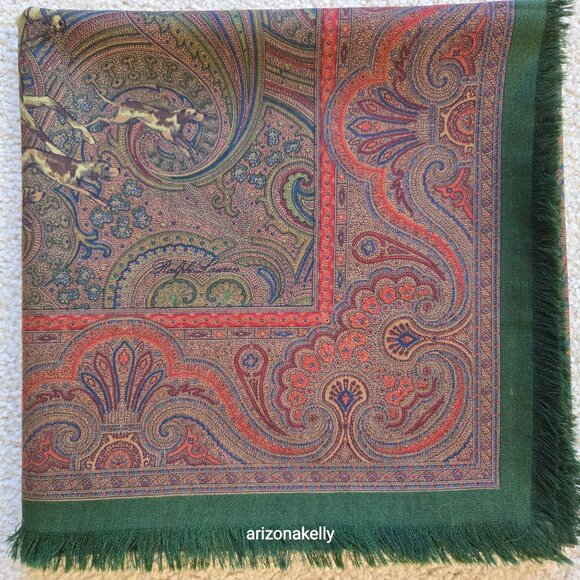 Vintage Ralph Lauren LARGE Wool Square Scarf Shawl Wrap Equestrian Hunting Dogs - Picture 16 of 16